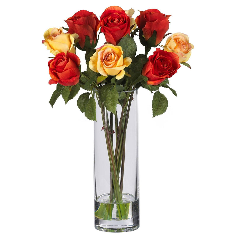 Roses avec vase en verre Arrangement de fleurs en soie