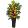 Tropical Floral & Orchid Artificial Arrangement in Black Vase