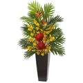 Tropical Floral & Orchid Artificial Arrangement in Black Vase