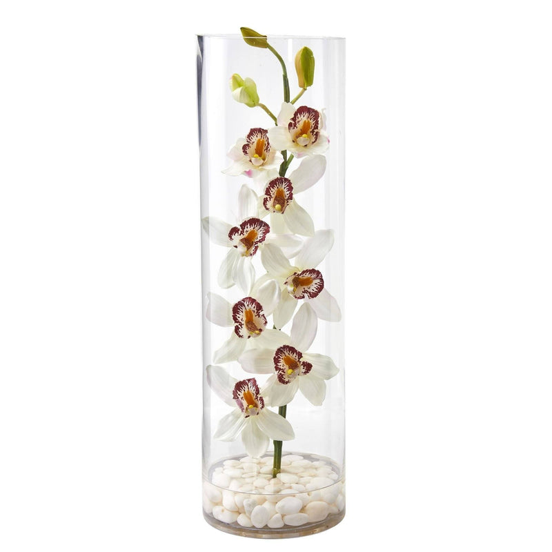 Arrangement artificiel d'orchidées cymbidium dans un grand vase cylindrique