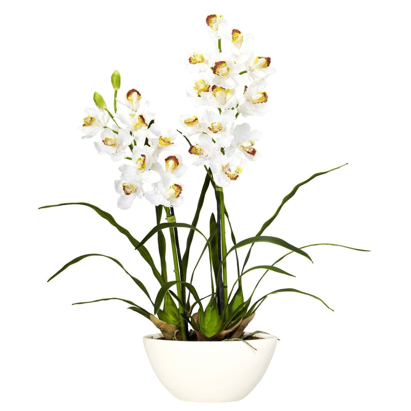 Cymbidium w/White Vase Silk Flower Arrangement