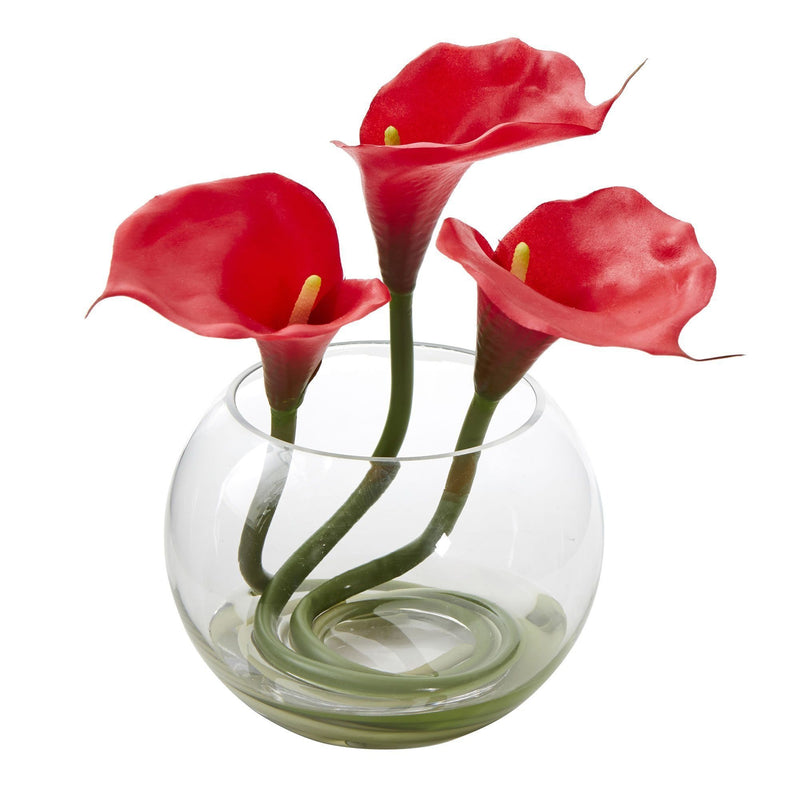 Arrangement artificiel de Lys Calla avec vase en verre arrondi