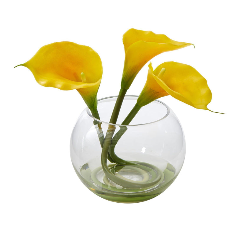 Arrangement artificiel de Lys Calla avec vase en verre arrondi