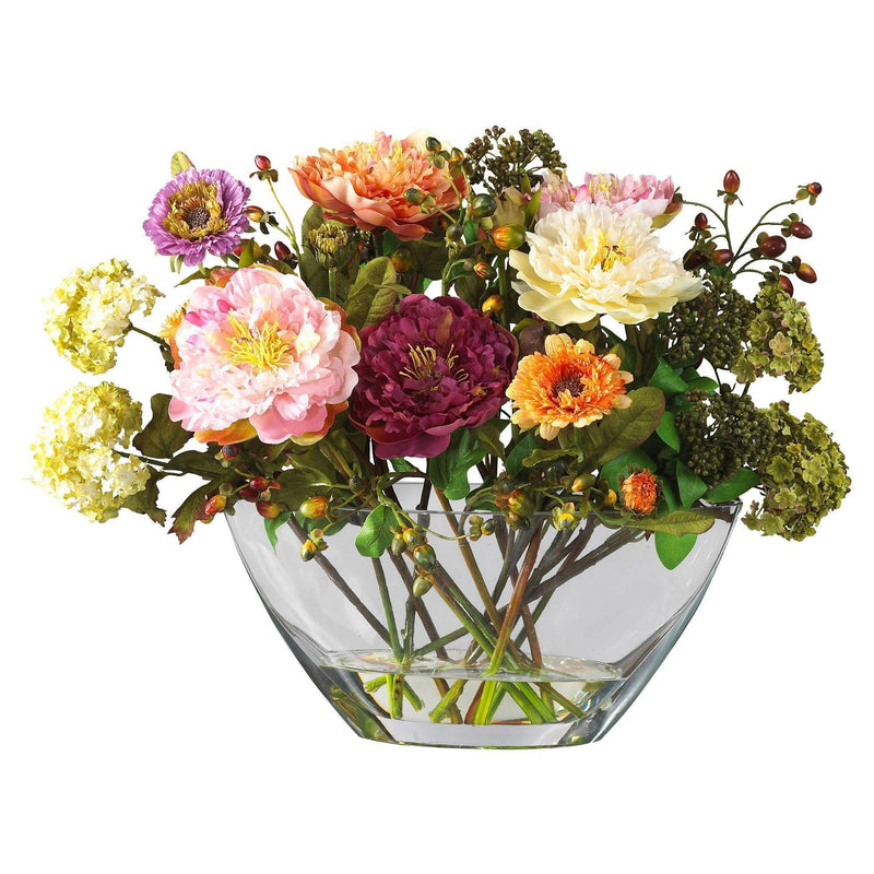 Pivoine avec vase en verre et fleurs en soie