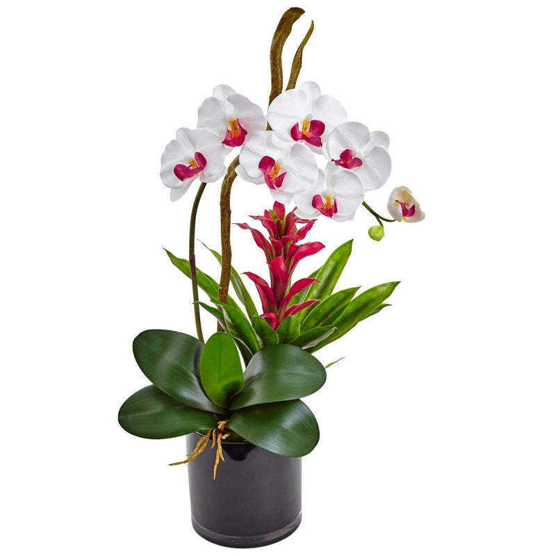 Bouquet d'orchidées artificielles en vase en porcelaine noire, fleurs et  plantes artificielles pour la décoration intérieure, fleurs en plastique,  réalistes (blanc / violet)