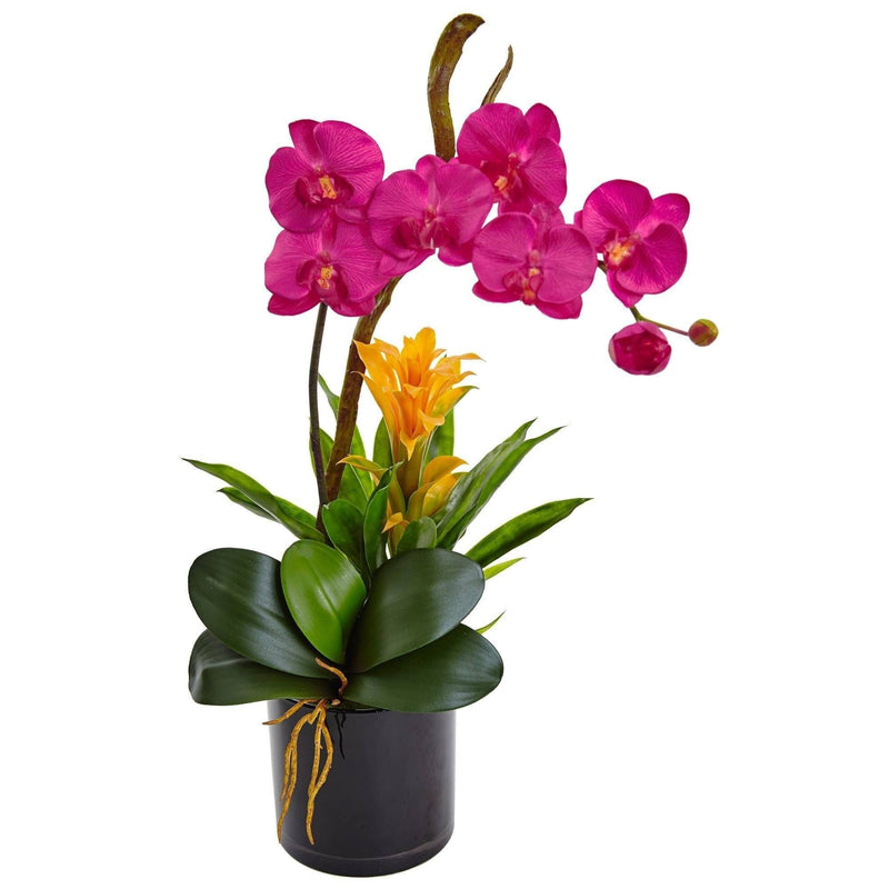 Bouquet d'orchidées artificielles en vase en porcelaine noire, fleurs et  plantes artificielles pour la décoration intérieure, fleurs en plastique,  réalistes (blanc / violet)